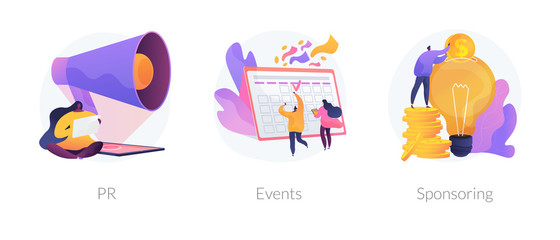 Marketing campaign, workflow planning and time management. Business funding, money investing cliparts set. PR, events, sponsoring metaphors. Vector isolated concept metaphor illustrations