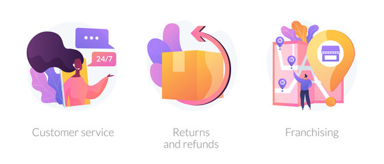 Internet shop clients support, call center. Orders shipment and delivery. Marketing network. Custom service, returns and refunds, franchising metaphors. Vector isolated concept metaphor illustrations
