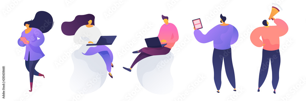 Wall mural freelancer working on laptop vector illustrations set. coworking center, creative teamwork, business