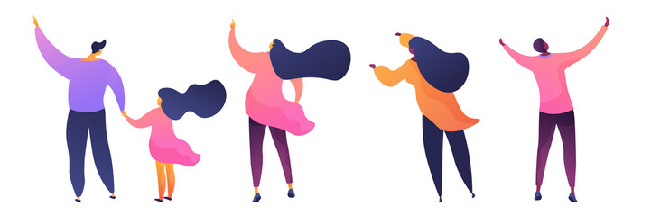 People standing together flat vector illustrations set. Young men, women and little child cartoon characters. Father and daughter holding hands rear view. Family and african american couple