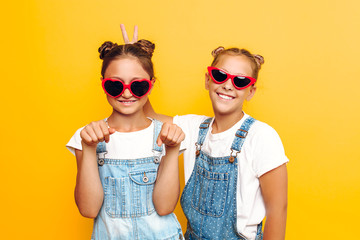 Two teenage girls, girlfriends in sunglasses posing on a yellow background