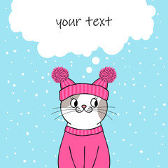 Cute cartoon cat wearing a knitted hat and sweater. Greeting card with place for text. Hand drawn illustration