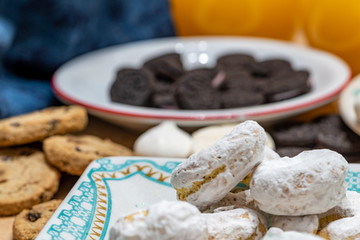  rich, but a lot of sugar on this table of sweets and natural orange juice