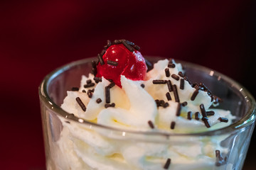 The topping of chocolate sundae