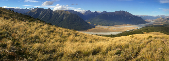 panoramic view of mountain ranges in Arthurs Pass National Park, South Island, New Zealand