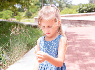 Funny baby girl in the park hold spring grass.