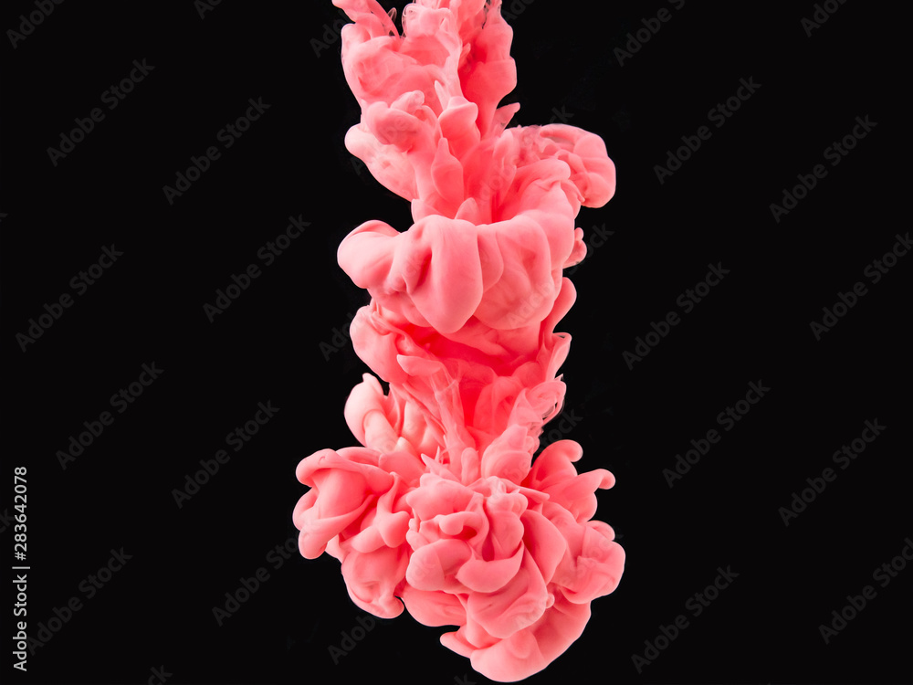 Poster drop of pink ink photographed while dissolving into water, isolated on black background, close up vi