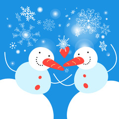 New Year card with funny snowmen on a blue background with