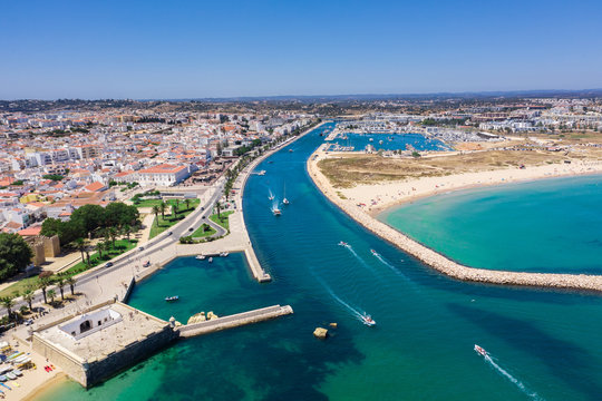 Panorama of Lagos marina, Algarve, Portugal, aerial drone wide view