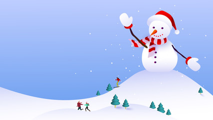 Naklejka na ściany i meble Merry Christmas happy new year winter, Snowman on light blue background with copy space for you text design or product. Vector illustration.