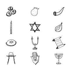 Purim set doodle hand, great design for any purposes. Isolated illustration on white background. Hanukkah doodle set. Fun holiday background. Hanukkah doughnut , jewish holiday symbol. Hand drawing.