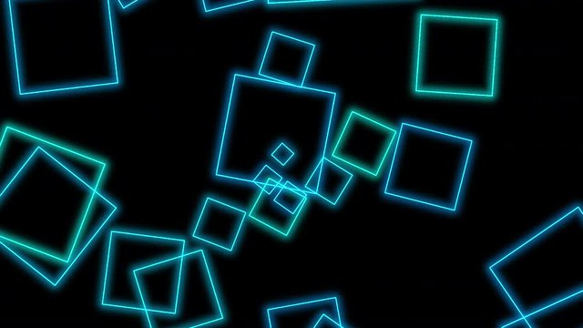 Geometric blue glitter neon square emission kaleidoscope effect black background, flying rectangle looping line cube launch spread from central point, Broadcast News intro, opening title, screensaver