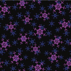 Fototapeta na wymiar A seamless vector pattern with purple snowflakes on dark background. Surface print design.
