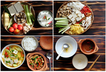 food processing vegetables soup and tofu, mushroom cook with sauce