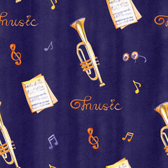 A seamless pattern with hand drawn music instruments on a watercolor background texture.