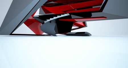 Abstract architectural red and black gloss interior of a minimalist house with large windows.. 3D illustration and rendering.