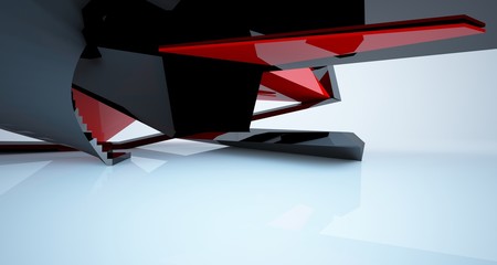 Abstract architectural red and black gloss interior of a minimalist house with large windows.. 3D illustration and rendering.
