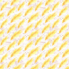 Watercolor hand painted yellow feathers illustration seamless pattern isolated on white background. Seamless texture with hand drawn feathers. Illustration for your design. Bright colors.