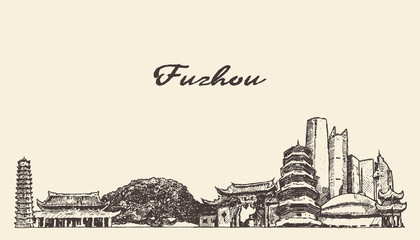 Fuzhou skyline Fujian province China vector sketch