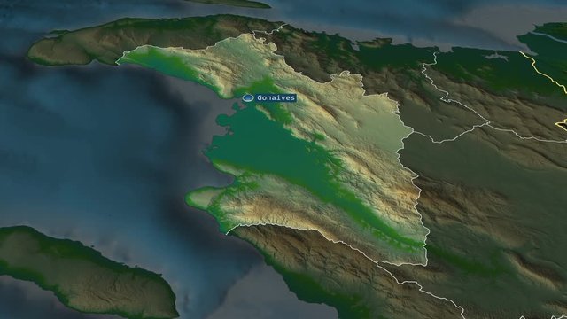 L'Artibonite - department of Haiti with its capital zoomed on the physical map of the globe. Animation 3D