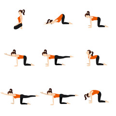 Hips and spine extension yoga poses set/ Illustration stylized woman practicing yoga postures with spine and hips stretching