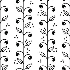 Floral seamless pattern with black vertical branches, leaves and berries. Simple vector floral design for fabric, wallpaper, textile, web design.