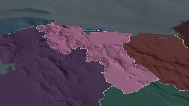 Nord - department of Haiti with its capital zoomed on the administrative map of the globe. Animation 3D