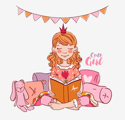 Cute little girl with crown reading a book in the bedroom. Beautiful princess