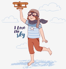 Little boy playing with toy airplane