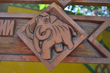 RUSSIA-KEMEROVO, 2019: Pointer trails,wooden sculpture of mammoth.Museum-reserve Tomsk Pisanitsa