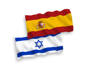 National vector fabric wave flags of Israel and Spain isolated on white background. 1 to 2 proportion.