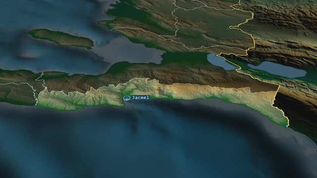 Sud-Est - department of Haiti with its capital zoomed on the physical map of the globe. Animation 3D