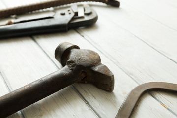 construction tools on wooden background with space for copy