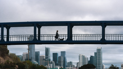 Woman walking her dog on a pedestrian overpass on a cloudy day; San Francisco financial district skyline visible in the background