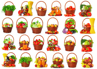 Assortment of fruits and vegetables in baskets