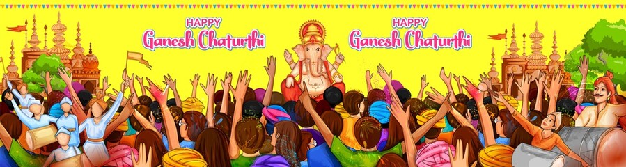 illustration of Indian people celebrating Lord Ganpati background for Ganesh Chaturthi festival of India
