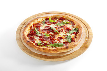 Pepperoni or Diabola Pizza with Salami, Chili Pepper Isolated on White