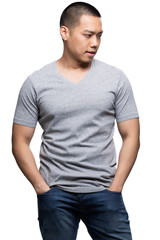 Fototapeta premium Grey top dry on asian model for mockup template