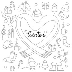 Obraz premium lettering winter and winter attributes. Winter doodle