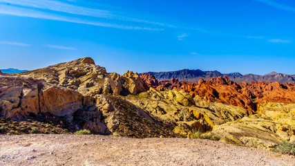 Colorful Sandstone Mountains at Sunrise at the Silica Dome viewpoint in the Valley of Fire State Park in Nevada, USA