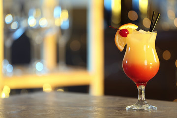 Just made appetizing cocktail Sex on the Beach in bar. Space for text