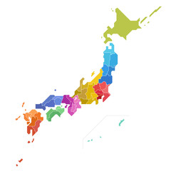 日本地図　地方別　県別　北方領土（ベクターデータは都道府県ごとにレイヤー分け）