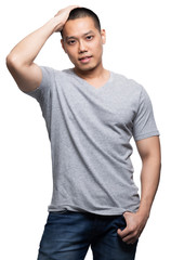 Obraz premium Grey top dry on asian model for v-neck tshirt