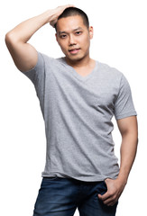 Grey top dry on asian model for v-neck tshirt