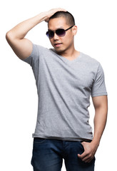Fototapeta premium Grey top dry on asian model for v-neck tshirt