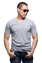 Grey top dry on asian model for v-neck tshirt