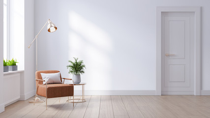 Modern mid century and minimalist interior of living room ,leather armchair with table on white wall and wood floor ,3d render
