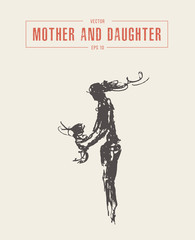 Fototapeta na wymiar Mother and daughter silhouette drawn vector sketch
