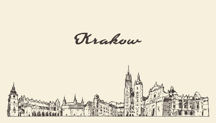 Fototapeta Krakow skyline Poland hand drawn vector sketch obraz