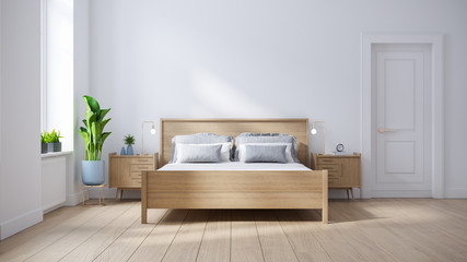 Modern scandinavian  interior of Bedroom ,wood bed and bedside table on white wall and wood floor ,3d render © LEKSTOCK 3D